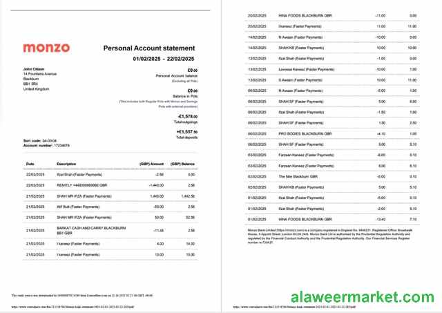 UK Monzo Bank account statement Word and PDF template, 2 pages